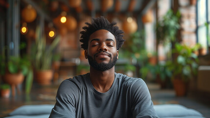 Fototapeta premium Portrait of a Happy Man Practicing Relaxation Exercises at Home in His Spacious and Bright Flat , Ai generated image