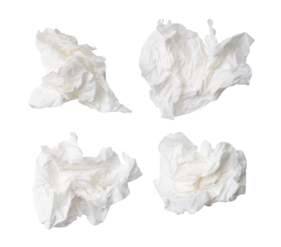 Top view set of crumpled tissue paper or napkin after use in toilet or restroom isolated with clipping path in png file format