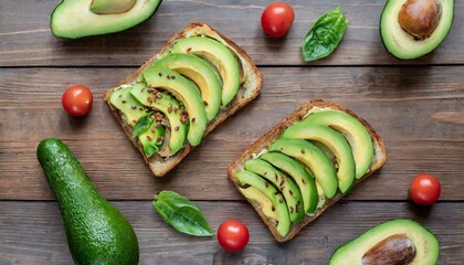 Delicious avocado toasts. Healthy and tasty vegan food. Flat lay
