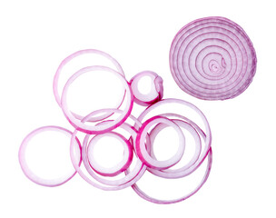 Top view set of fresh red or purple onion ring slices and half isolated with clipping path in png file format