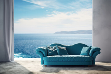 Embrace tranquility with this stunning image featuring a luxurious velvet sofa against an idyllic ocean backdrop, perfectly blending indoor comfort with nature's majesty. - obrazy, fototapety, plakaty