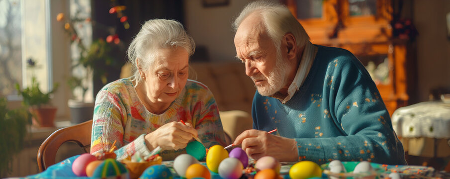 An elderly couple coloring eggs for Easter, banner