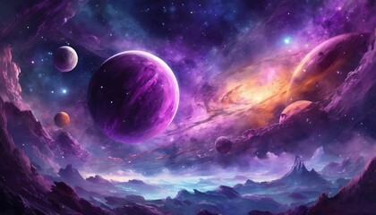 purple planets and space nebula galaxy background - obrazy, fototapety, plakaty