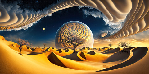 Surreal desert landscape with swirling clouds, barren trees