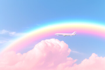 Soar above the clouds with this enchanting image of a plane crossing a vibrant rainbow - obrazy, fototapety, plakaty