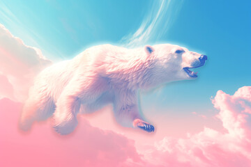 majestic polar bear seemingly floating amidst dreamy cotton-candy clouds - obrazy, fototapety, plakaty