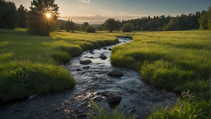 A gentle stream winding through a verdant meadow.