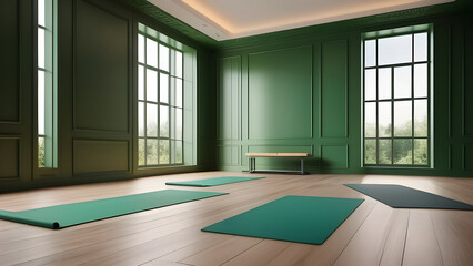 Fototapeta na wymiar Yoga room interior in green colors.