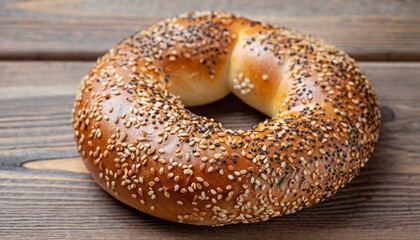 Bagel with sesame seeds on a wooden table.