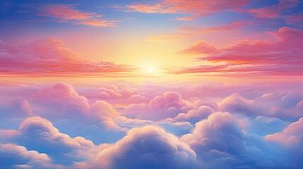 Cartoon Cloudscape, Dramatic Sky with Sun Shining Brightly Above the Clouds, Blue Sky with Pink and Yellow Hues