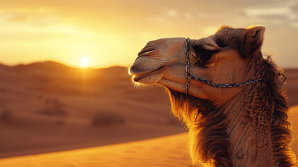 Majestic Camel Against Vast Desert Sunset Backdrop