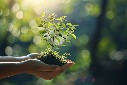 Manos sujetando cuidadosamente una planta joven