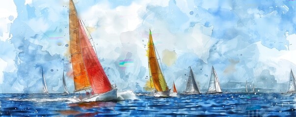 Sailboats regatta, watercolor competition, breezy day --ar 5:2 --v 6