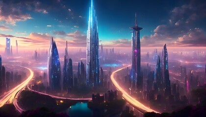 Aerial view of futuristic city at dusk, with skyscrapers and trafic light trails at rush hour. - obrazy, fototapety, plakaty
