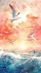 Sunset Flight: Watercolor Seagulls in the Ocean Breeze