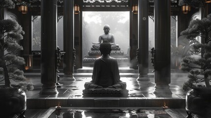 Statue of Buddha in temple interior - obrazy, fototapety, plakaty