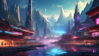 Panorama of futuristic, sci-fi city with neon lights, on the shores of a lake, surrounded by snow-capped peaks of Alpine mountains. City lights. Sunset cloudy sky. Banner header image. - obrazy, fototapety, plakaty