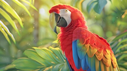 Red Macaw in lush foliage portrait.