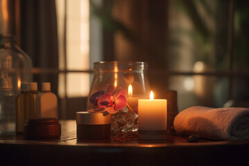 Indulge in tranquility with this serene spa setting featuring lit candles