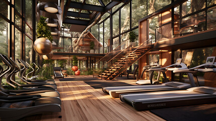 A gym layout for a forest retreat fitness center, with treehouse yoga studios and forest trail treadmills.