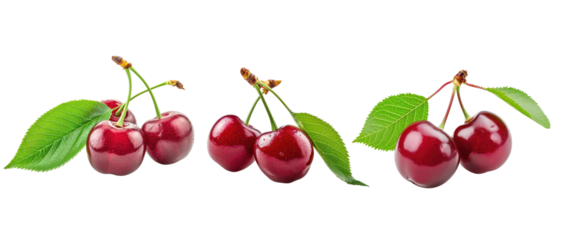 Delicious cherries with green leaf isolated on transparent background