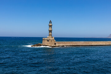 View of the Chania lighthouse in Crete, Greece