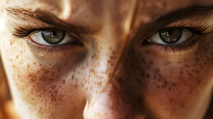Close-up of a woman's face with expressions of strength and determination. A confident woman, with emphasis on the eye area. Gray eyes, freckles, and red hair.
