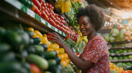 Joyful African woman choosing vegetables in greengrocer's shop. - obrazy, fototapety, plakaty