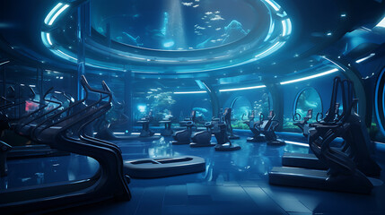 A gym layout for a futuristic underwater city fitness center, with underwater city-inspired workouts and marine decor. - obrazy, fototapety, plakaty