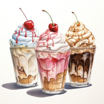 Watercolor Ice Cream Sundaes on White Background Clean Line Art