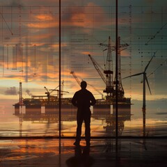 Fototapeta premium The silhouette of an engineer against the background of a production facility.