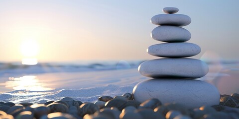 Balanced rock pyramid on sea pebbles beach, sunny day and clear sky at sunset. Golden sea bokeh on background. Selective focus, zen stones on sea beach, meditation, spa, harmony, calm, balance