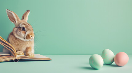 A curious domestic rabbit perches atop a book, surrounded by colorful easter eggs, embodying the...