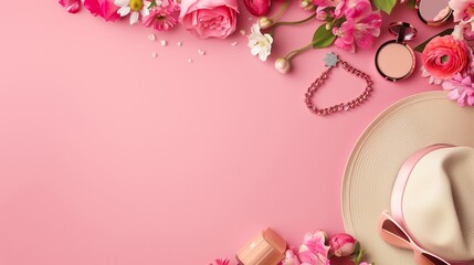Fashion collection with accessories, flowers, cosmetics and jewelry on pink background