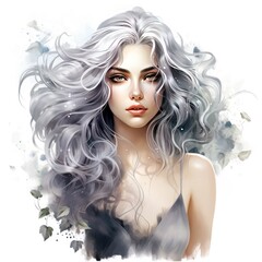Shimmering Watercolor Clipart Silver Dress Girl with Silver Hair