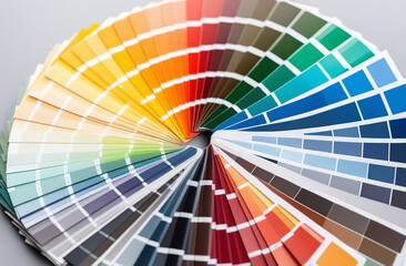 Color guide close up. Assortment of colors for design. Colors palette fan on white concrete wall background. Color palette guide circle. Coloured swatches. Open paint sample colors catalogue. Rainbow