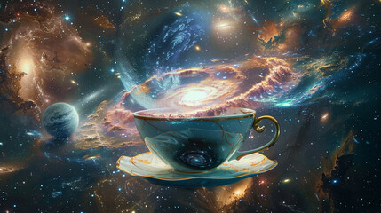 Galaxies swirling in a teacup held by a giant cosmic entity watching over a nebula garden - obrazy, fototapety, plakaty