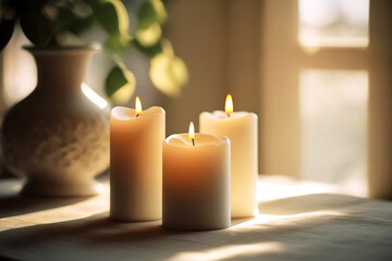 Tranquil ambiance with three candles lit in a serene setting, offering a peaceful vibe. Perfect to adorn relaxation and meditation spaces with warm light.