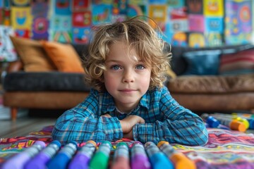 A curious toddler sits on the floor, surrounded by scattered crayons and wearing a bright outfit, lost in imaginative play