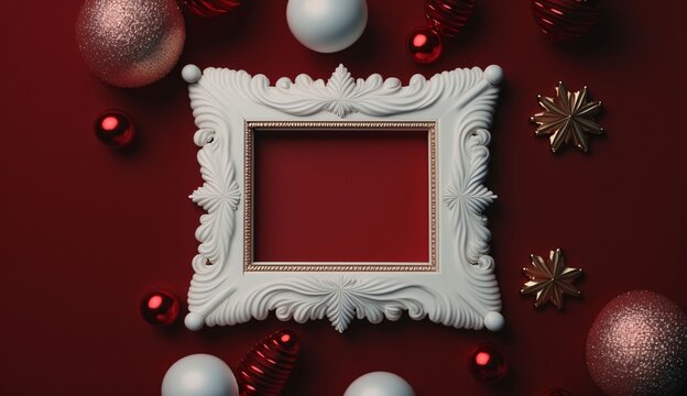 Blank in the middle with a decorated white border around it. Red background, baubles.