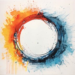 Round frame with a splash of orange and blue paint. In the middle a blank field with space for your own content. - obrazy, fototapety, plakaty