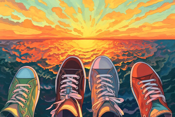 Capture a vibrant moment with this colorful artwork, featuring sneakers