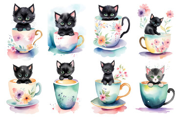 Adorable little kittens coffee cup watercolor illustration set. Black cat, Orange cat, White cat, Gray cat