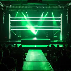 An empty concert stage with green lighting