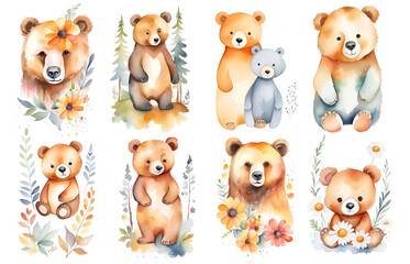 Cute baby bear animal nursery isolated watercolor illustration set for children. Watercolor boho forest drawing. Perfect for nursery posters