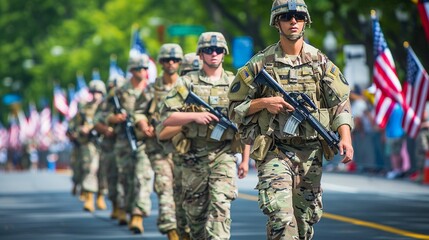 Fototapeta na wymiar Celebrating Memorial Day, military personnel at a parade.