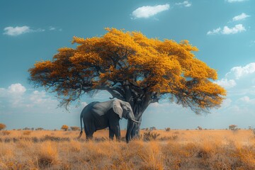 A majestic african elephant stands tall under a sprawling tree in the vast savanna, with the...