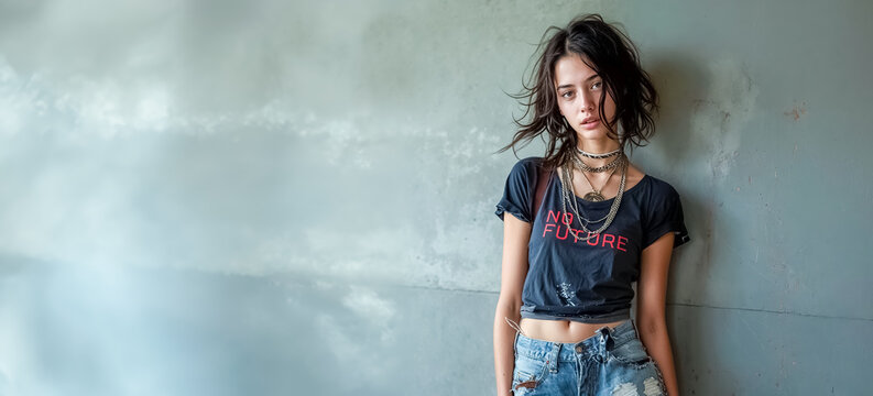 adolescente habill&eacute;e en style grunge avec un T-shirt avec le texte "NO FUTURE"