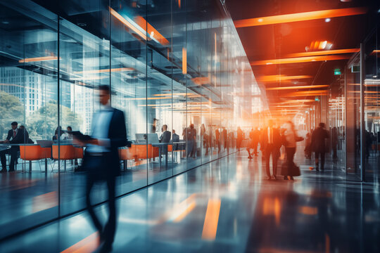 White corporate office with people walking in motion blur. Generative AI