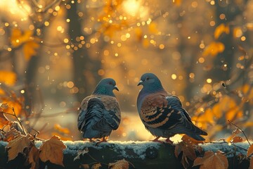 Two majestic pigeons perched on a rugged branch, basking in the great outdoors surrounded by their flock of stock and rock doves - Powered by Adobe